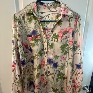 Express Floral Button Down Shirt - Pink, Green, Purple